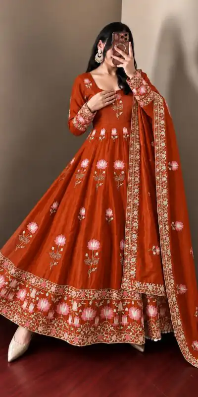 SR 1724 Rust Faux Georgette Gown with Mirror Work & Embroidery Work. Get it for ₹2799. Delivery 4-6 Working Days. Online Shop now. | Gowns, Bollywood Gowns, Creative Gowns, Designer Gowns, Embroidered Gowns, Party Wear Gowns