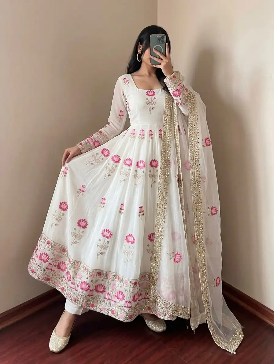 SR 1724 White Faux Georgette Gown with Mirror Work & Embroidery Work. Get it for ₹2799. Delivery 4-6 Working Days. Online Shop now. | Gowns, Bollywood Gowns, Creative Gowns, Designer Gowns, Embroidered Gowns, Party Wear Gowns