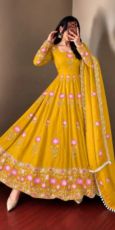 SR 1724 Yellow Faux Georgette Gown with Mirror Work & Embroidery Work. Get it for ₹2799. Delivery 4-6 Working Days. Online Shop now. | Gowns, Bollywood Gowns, Creative Gowns, Designer Gowns, Embroidered Gowns, Party Wear Gowns