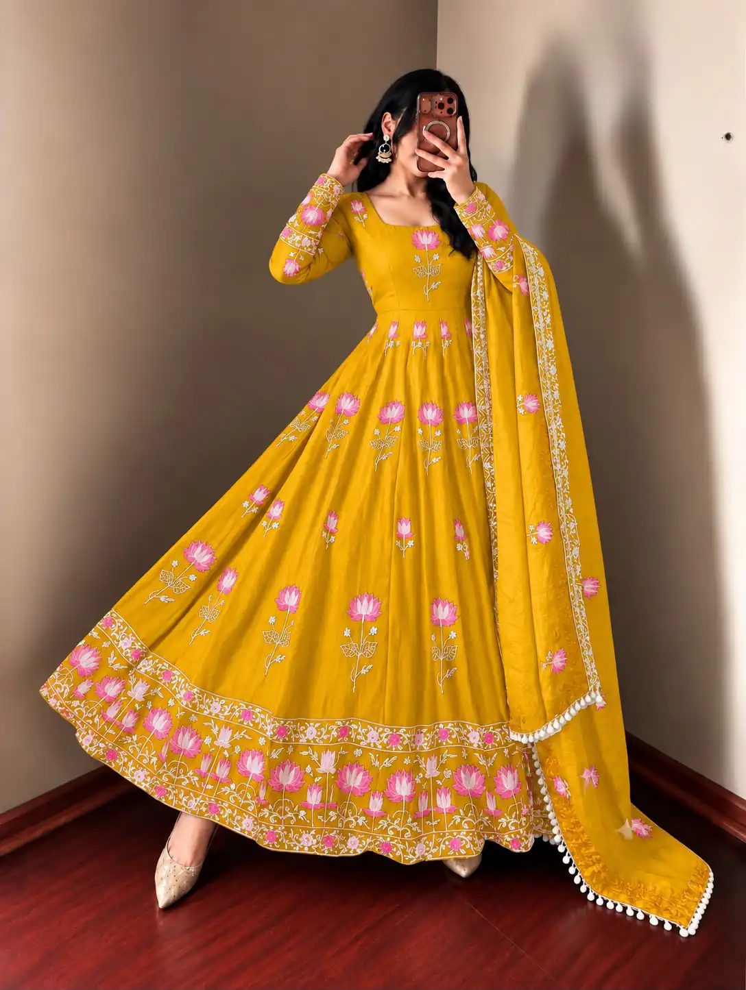 SR 1724 Yellow Faux Georgette Gown with Mirror Work & Embroidery Work. Get it for ₹2799. Delivery 4-6 Working Days. Online Shop now. | Gowns, Bollywood Gowns, Creative Gowns, Designer Gowns, Embroidered Gowns, Party Wear Gowns