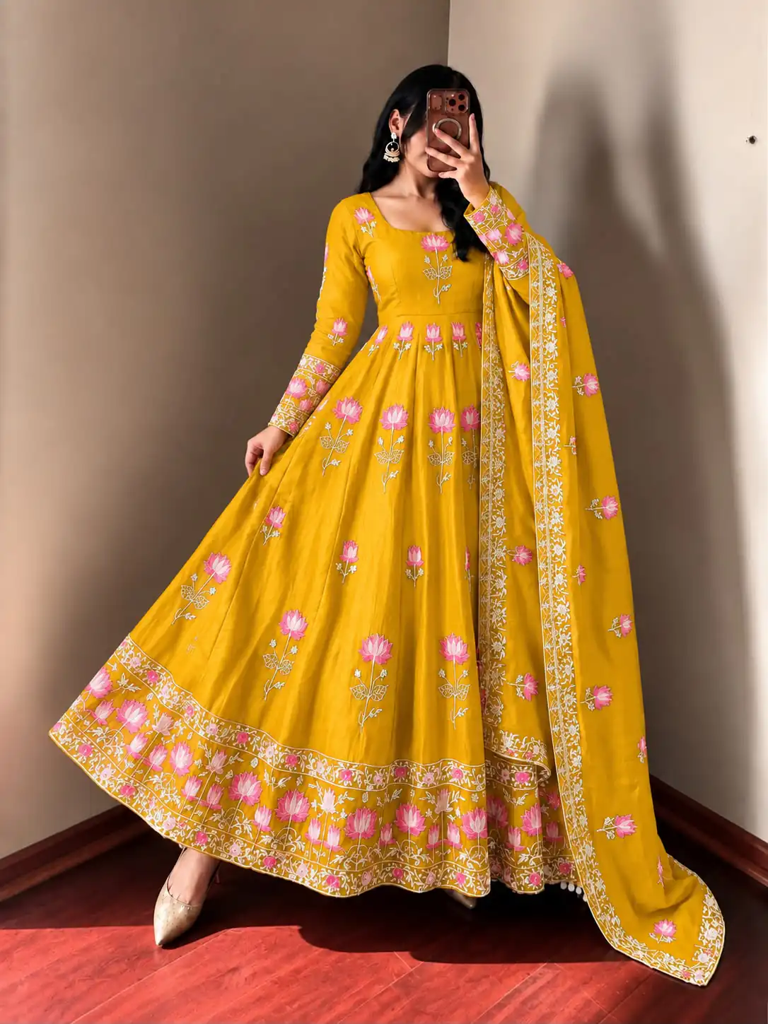 SR 1724 Yellow Faux Georgette Gown with Mirror Work & Embroidery Work. Get it for ₹2799. Delivery 4-6 Working Days. Online Shop now. | Gowns, Bollywood Gowns, Creative Gowns, Designer Gowns, Embroidered Gowns, Party Wear Gowns