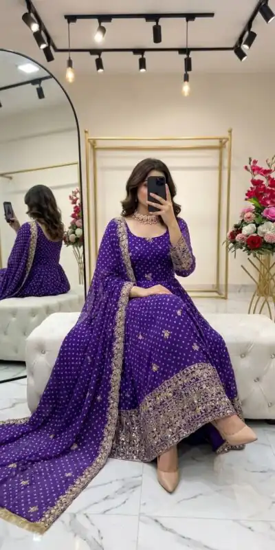 WW 1283 Purple in Colour Faux Georgette Bandhani Print Work Gown. Available at ₹2399 only. Delivery 4-6 Working Days. Shop now. | Gowns, Bollywood Gowns, Creative Gowns, Designer Gowns, Embroidered Gowns, Party Wear Gowns