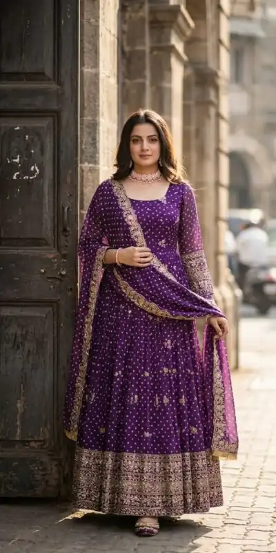 WW 1283 Wine in Colour Faux Georgette Bandhani Print Work Gown. Available at ₹2399 only. Delivery 4-6 Working Days. Shop now. | Gowns, Bollywood Gowns, Creative Gowns, Designer Gowns, Embroidered Gowns, Party Wear Gowns