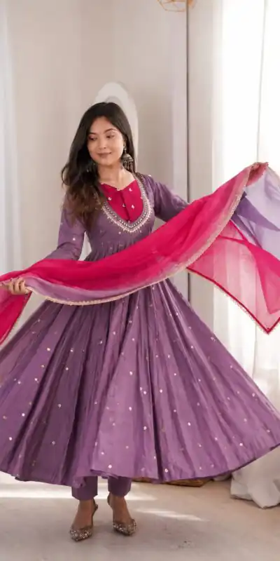 ZF 5023 Lavender Roman Silk Gown with Mirror Work & Embroidery Work. Special Price ₹2099. Delivery 4-6 Working Days. Shop now. | Gowns, Bollywood Gowns, Creative Gowns, Designer Gowns, Embroidered Gowns, Party Wear Gowns