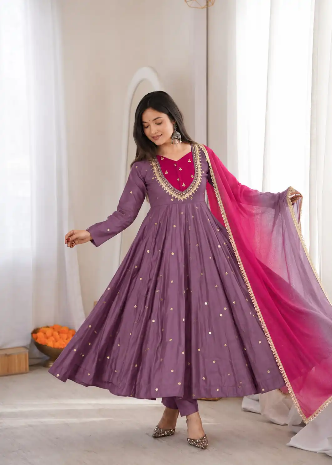 ZF 5023 Lavender Roman Silk Gown with Mirror Work & Embroidery Work. Special Price ₹2099. Delivery 4-6 Working Days. Shop now. | Gowns, Bollywood Gowns, Creative Gowns, Designer Gowns, Embroidered Gowns, Party Wear Gowns