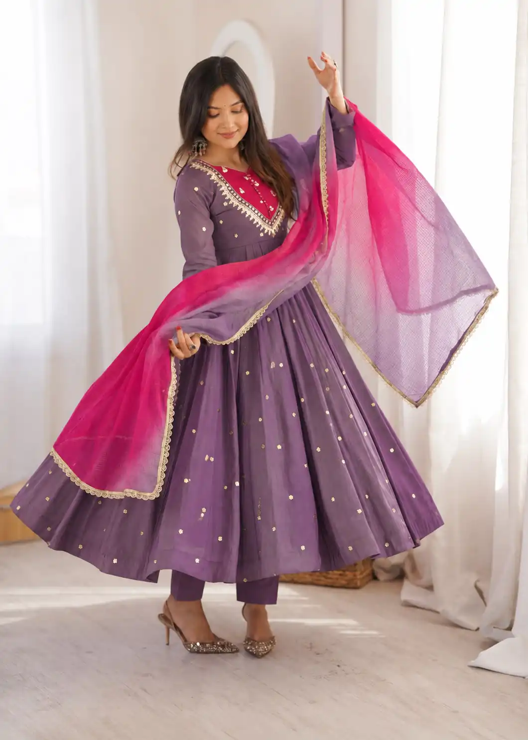 ZF 5023 Lavender Roman Silk Gown with Mirror Work & Embroidery Work. Special Price ₹2099. Delivery 4-6 Working Days. Shop now. | Gowns, Bollywood Gowns, Creative Gowns, Designer Gowns, Embroidered Gowns, Party Wear Gowns