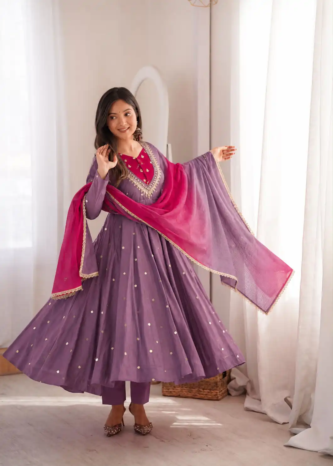 ZF 5023 Lavender Roman Silk Gown with Mirror Work & Embroidery Work. Special Price ₹2099. Delivery 4-6 Working Days. Shop now. | Gowns, Bollywood Gowns, Creative Gowns, Designer Gowns, Embroidered Gowns, Party Wear Gowns