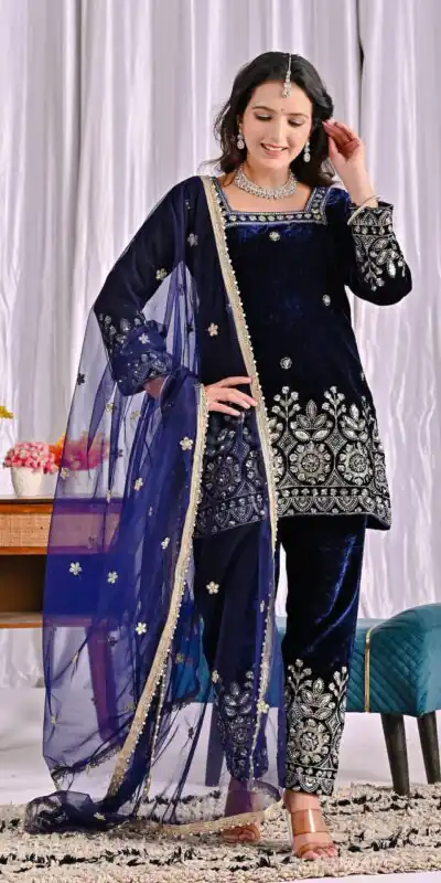 MD 3072 Navy Blue Viscose Velvet Salwar Suit with Embroidery Work & Lace Work. Grab it for ₹2399. Delivery 4-6 Working Days. Shop now. | Jump Suits, Salwar suit, Designer Suits, Casual Suits, Creative suits, Palazzo Suits, Party Wear Suits, Patiala Suits, Straight Suits