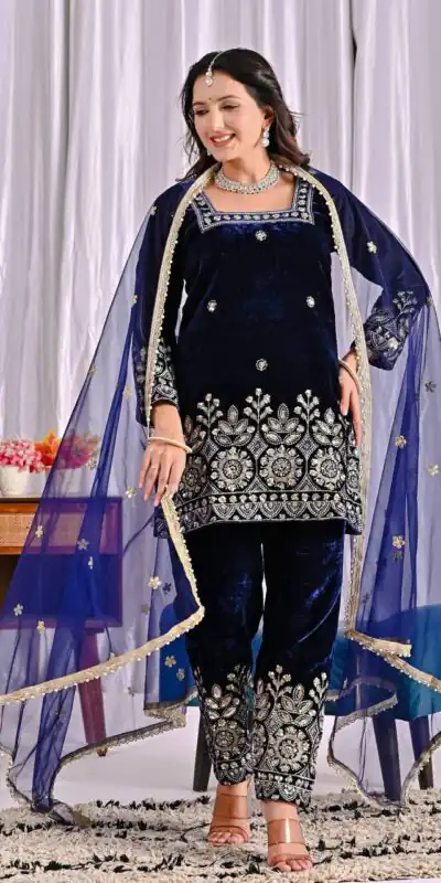MD 3072 Navy Blue Viscose Velvet Salwar Suit with Embroidery Work & Lace Work. Grab it for ₹2399. Delivery 4-6 Working Days. Shop now. | Jump Suits, Salwar suit, Designer Suits, Casual Suits, Creative suits, Palazzo Suits, Party Wear Suits, Patiala Suits, Straight Suits