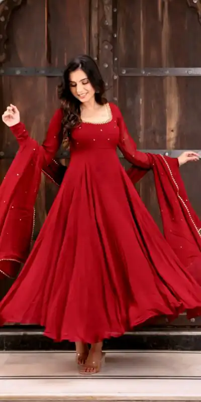 KD 1653 Red Faux Georgette Salwar Suit with Lace Work & Digital Print. Introductory Price ₹2349. Delivery 4-6 Working Days. Shop now. | Anarkali Suits, Bollywood Anarkali, Creative-Anarkali, Designer Anarkali, Embroidered Anarkali, Party Wear Anarkali