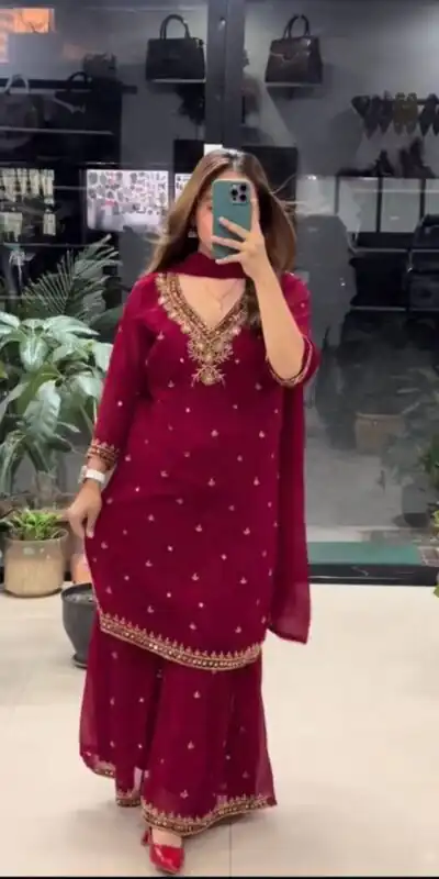 DB 21 Maroon Faux Georgette Salwar Suit with Mirror Work & Embroidery Work. Get it for ₹2049. Delivery 4-6 Working Days. Shop now. | Jump Suits, Salwar suit, Designer Suits, Casual Suits, Creative suits, Palazzo Suits, Party Wear Suits, Patiala Suits, Straight Suits