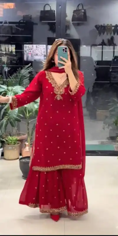 DB 21 Red Faux Georgette Salwar Suit with Mirror Work & Embroidery Work. Get it for ₹2049. Delivery 4-6 Working Days. Shop now. | Jump Suits, Salwar suit, Designer Suits, Casual Suits, Creative suits, Palazzo Suits, Party Wear Suits, Patiala Suits