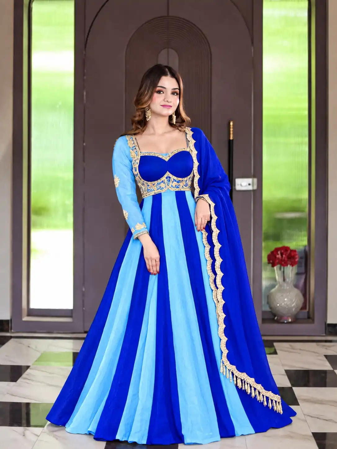 ND 5072 Blue Fendy Silk Gown with Embroidery Work & Sequins Work. Special Price ₹2849. Delivery 4-6 Working Days. Shop now. | Gowns, Bollywood Gowns, Creative Gowns, Designer Gowns, Embroidered Gowns, Party Wear Gowns