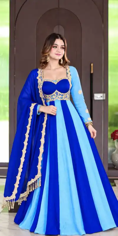 ND 5072 Blue Fendy Silk Gown with Embroidery Work & Sequins Work. Special Price ₹2849. Delivery 4-6 Working Days. Shop now. | Gowns, Bollywood Gowns, Creative Gowns, Designer Gowns, Embroidered Gowns, Party Wear Gowns