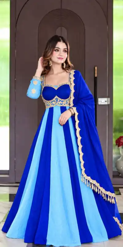 ND 5072 Blue Fendy Silk Gown with Embroidery Work & Sequins Work. Special Price ₹2849. Delivery 4-6 Working Days. Shop now. | Gowns, Bollywood Gowns, Creative Gowns, Designer Gowns, Embroidered Gowns, Party Wear Gowns