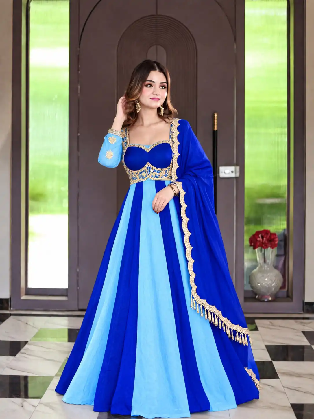 ND 5072 Blue Fendy Silk Gown with Embroidery Work & Sequins Work. Special Price ₹2849. Delivery 4-6 Working Days. Shop now. | Gowns, Bollywood Gowns, Creative Gowns, Designer Gowns, Embroidered Gowns, Party Wear Gowns
