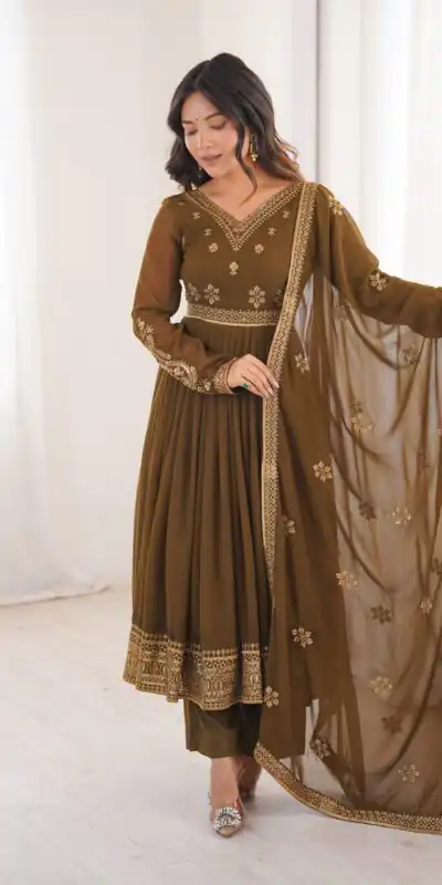 SP 104 Brown| Faux Georgette Salwar Suit with Lace Work & Digital Print. Introductory Price ₹2799. Delivery 4-6 Working Days. Shop now. | Anarkali Suits, Bollywood Anarkali, Creative-Anarkali, Designer Anarkali, Embroidered Anarkali, Party Wear Anarkali
