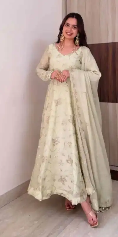 SRK 5374 Off White Fendy Silk Gown with Embroidery Work & Sequins Work. Special Price ₹2399. Delivery 4-6 Working Days. Shop now. | Gowns, Bollywood Gowns, Creative Gowns, Designer Gowns, Embroidered Gowns, Party Wear Gowns