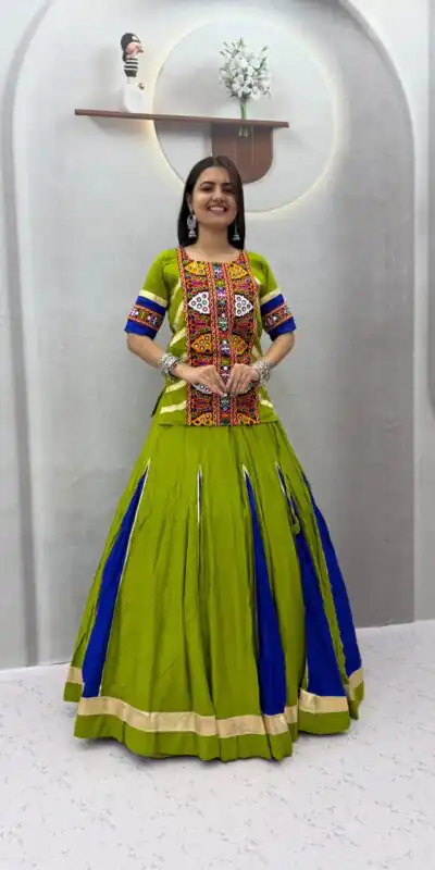 PC 584 Parrot Green in Pure Cotton Mirror Work & Gamthi Work Lehenga Choli . Exclusive Offer ₹2249. Delivery 4-6 Working Days. Shop now. | Lehenga, Bollywood Lehenga, Creative Lehenga, Designer Lehenga, Embroidered Lehenga, Party Wear Lehenga