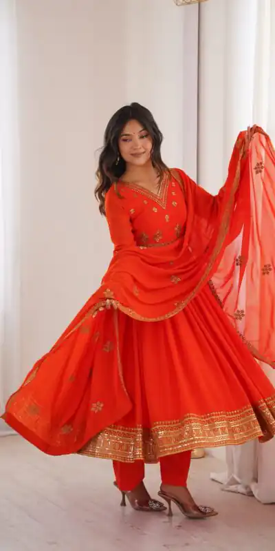 SP 104 Red| Faux Georgette Salwar Suit with Lace Work & Digital Print. Introductory Price ₹2799. Delivery 4-6 Working Days. Shop now. | Anarkali Suits, Bollywood Anarkali, Creative-Anarkali, Designer Anarkali, Embroidered Anarkali, Party Wear Anarkali