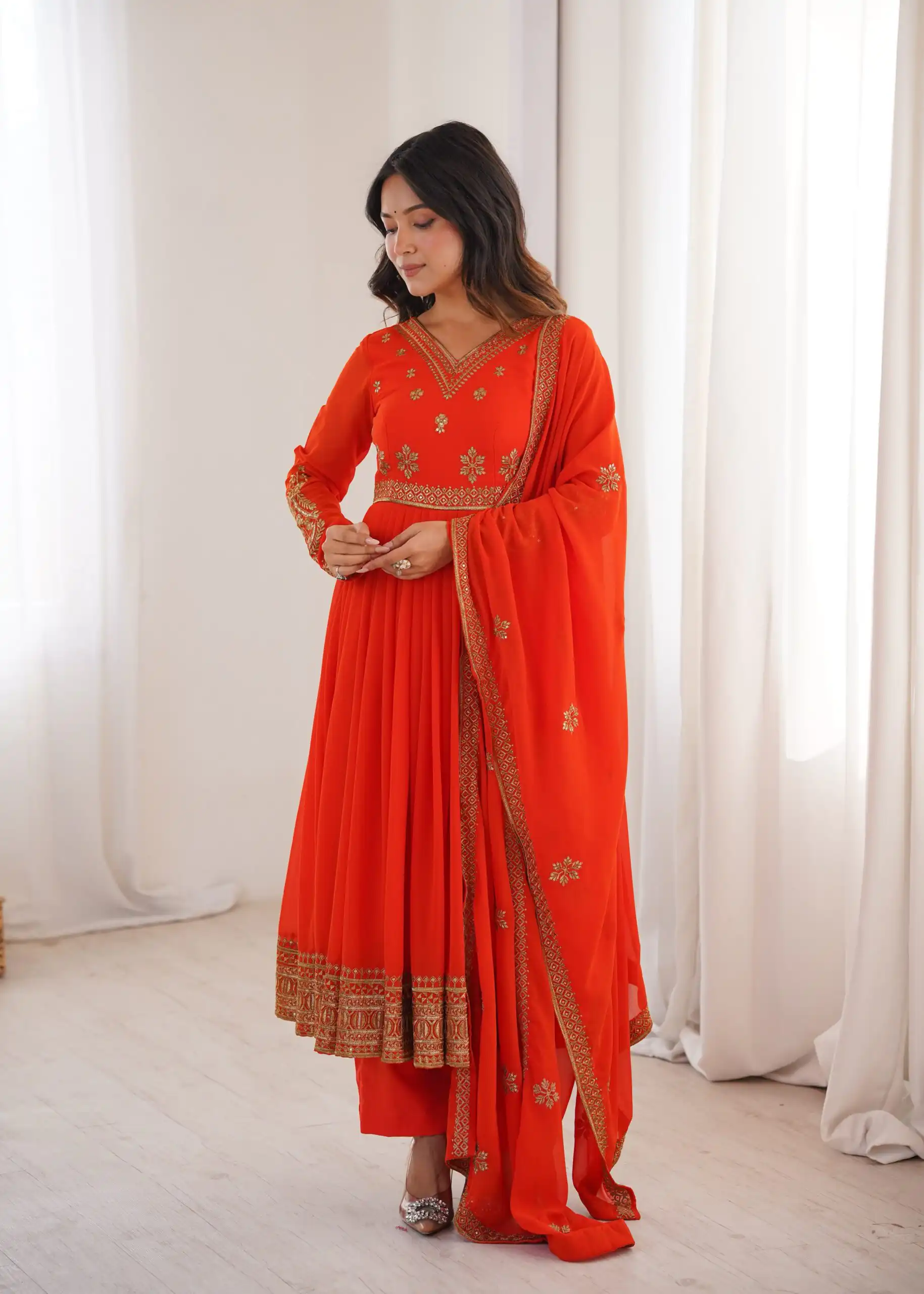 SP 104 Red| Faux Georgette Salwar Suit with Lace Work & Digital Print. Introductory Price ₹2799. Delivery 4-6 Working Days. Shop now. | Anarkali Suits, Bollywood Anarkali, Creative-Anarkali, Designer Anarkali, Embroidered Anarkali, Party Wear Anarkali