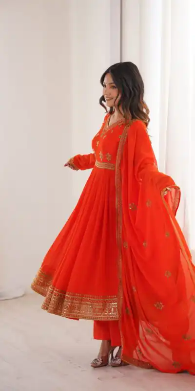 SP 104 Red| Faux Georgette Salwar Suit with Lace Work & Digital Print. Introductory Price ₹2799. Delivery 4-6 Working Days. Shop now. | Anarkali Suits, Bollywood Anarkali, Creative-Anarkali, Designer Anarkali, Embroidered Anarkali, Party Wear Anarkali