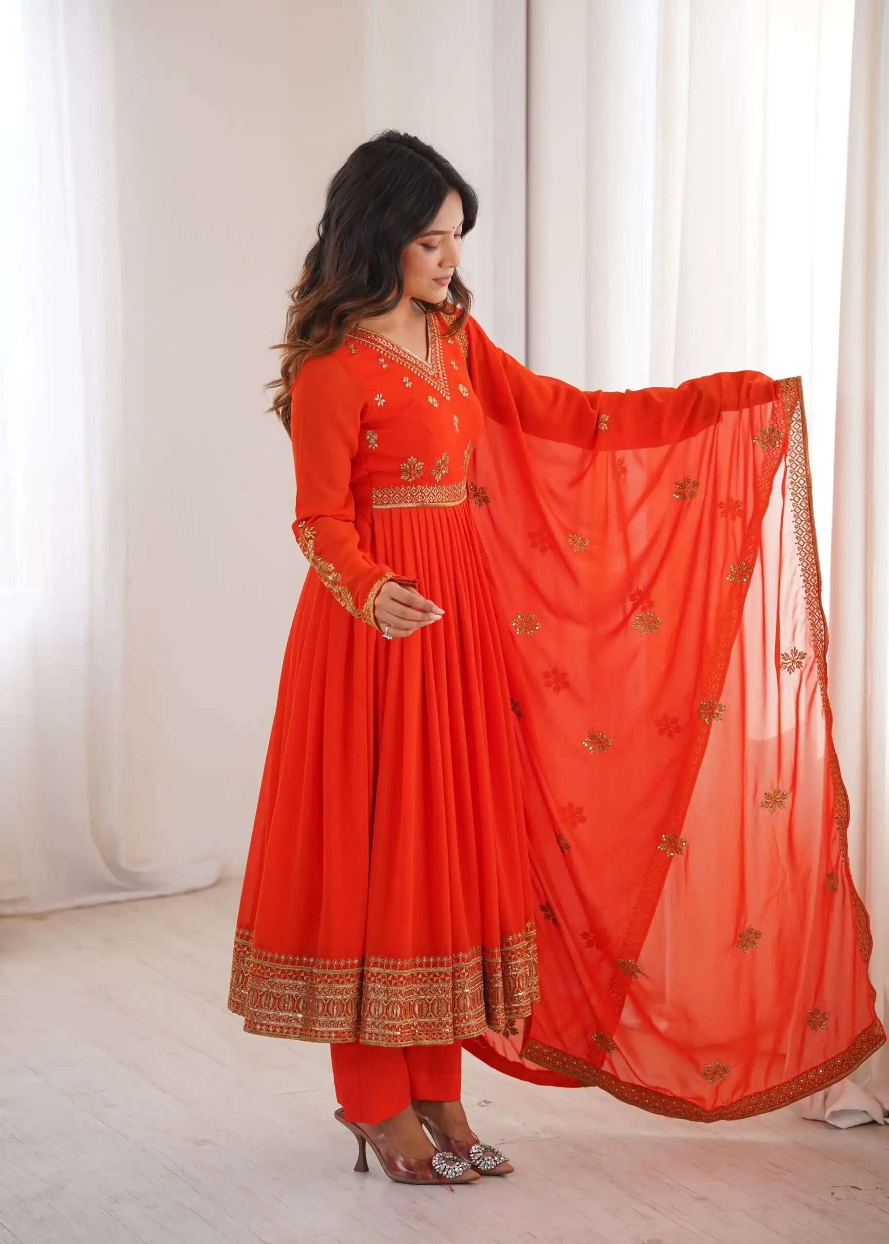 SP 104 Red| Faux Georgette Salwar Suit with Lace Work & Digital Print. Introductory Price ₹2799. Delivery 4-6 Working Days. Shop now. | Anarkali Suits, Bollywood Anarkali, Creative-Anarkali, Designer Anarkali, Embroidered Anarkali, Party Wear Anarkali