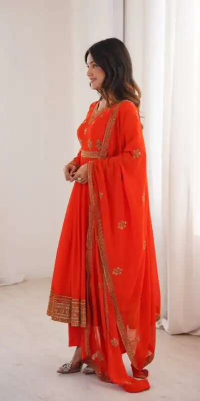 SP 104 Red| Faux Georgette Salwar Suit with Lace Work & Digital Print. Introductory Price ₹2799. Delivery 4-6 Working Days. Shop now. | Anarkali Suits, Bollywood Anarkali, Creative-Anarkali, Designer Anarkali, Embroidered Anarkali, Party Wear Anarkali
