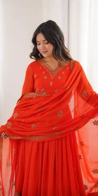 SP 104 Red| Faux Georgette Salwar Suit with Lace Work & Digital Print. Introductory Price ₹2799. Delivery 4-6 Working Days. Shop now. | Anarkali Suits, Bollywood Anarkali, Creative-Anarkali, Designer Anarkali, Embroidered Anarkali, Party Wear Anarkali