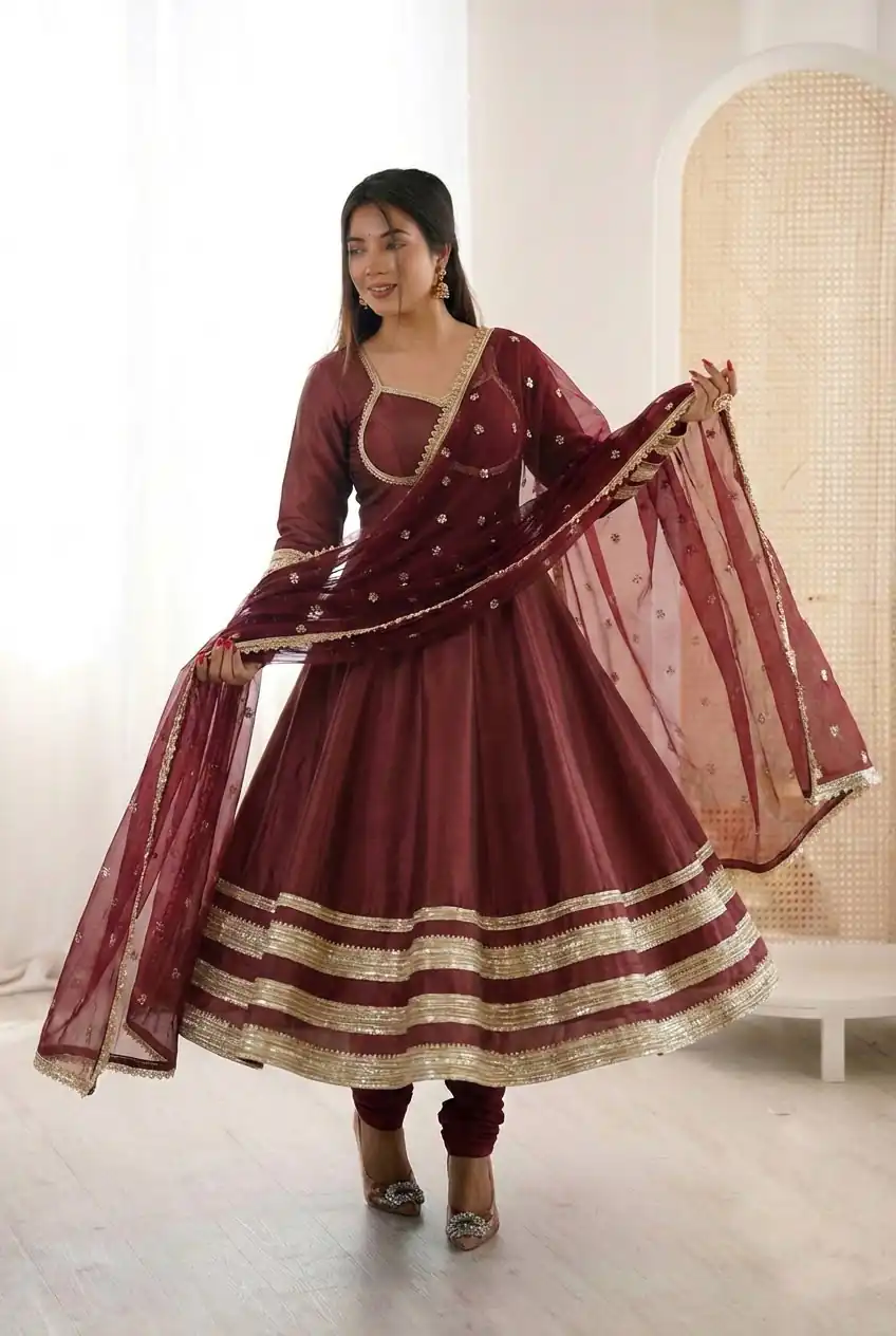 ZF 5017 Maroon Color Cosmos Gold Gown with Embroidery Work & Lace Work. Get it for ₹2099. Delivery 4-6 Working Days. Shop now. | Gowns, Bollywood Gowns, Creative Gowns, Designer Gowns, Embroidered Gowns, Party Wear Gowns