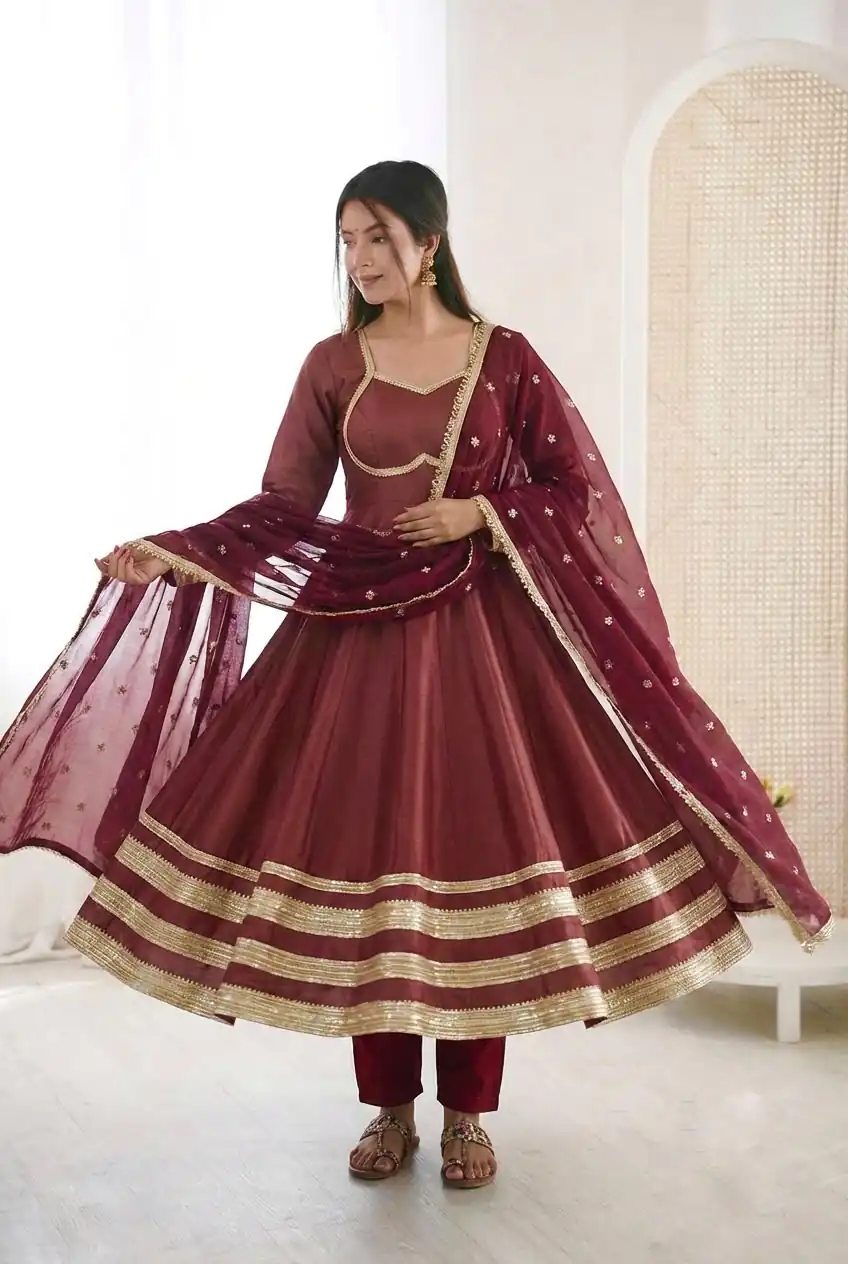 ZF 5017 Maroon Color Cosmos Gold Gown with Embroidery Work & Lace Work. Get it for ₹2099. Delivery 4-6 Working Days. Shop now. | Gowns, Bollywood Gowns, Creative Gowns, Designer Gowns, Embroidered Gowns, Party Wear Gowns