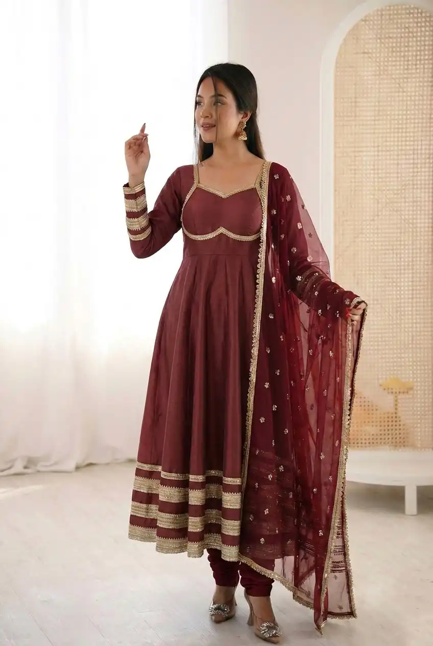 ZF 5017 Maroon Color Cosmos Gold Gown with Embroidery Work & Lace Work. Get it for ₹2099. Delivery 4-6 Working Days. Shop now. | Gowns, Bollywood Gowns, Creative Gowns, Designer Gowns, Embroidered Gowns, Party Wear Gowns