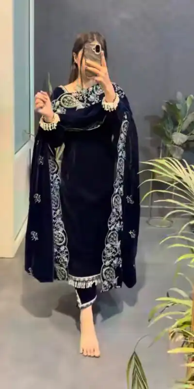 MF 486 Navy Blue Viscose Velvet Salwar Suit with Embroidery Work & Lace Work. Grab it for ₹2349. Delivery 4-6 Working Days. Shop now. | Jump Suits, Salwar suit, Designer Suits, Casual Suits, Creative suits, Palazzo Suits, Party Wear Suits, Patiala Suits, Straight Suits