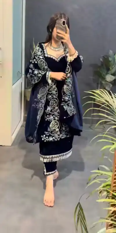 MF 486 Navy Blue Viscose Velvet Salwar Suit with Embroidery Work & Lace Work. Grab it for ₹2349. Delivery 4-6 Working Days. Shop now. | Jump Suits, Salwar suit, Designer Suits, Casual Suits, Creative suits, Palazzo Suits, Party Wear Suits, Patiala Suits, Straight Suits