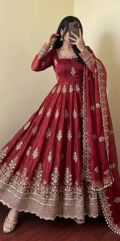 NSR 918 Maroon Fendy Silk Gown with Embroidery Work & Sequins Work. Special Price ₹2399. Delivery 4-6 Working Days. Shop now. | Gowns, Bollywood Gowns, Creative Gowns, Designer Gowns, Embroidered Gowns, Party Wear Gowns