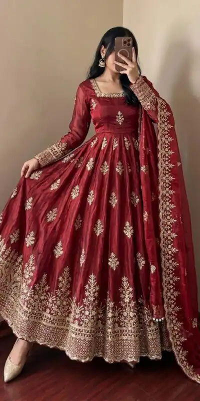 NSR 918 Maroon Fendy Silk Gown with Embroidery Work & Sequins Work. Special Price ₹2399. Delivery 4-6 Working Days. Shop now. | Gowns, Bollywood Gowns, Creative Gowns, Designer Gowns, Embroidered Gowns, Party Wear Gowns
