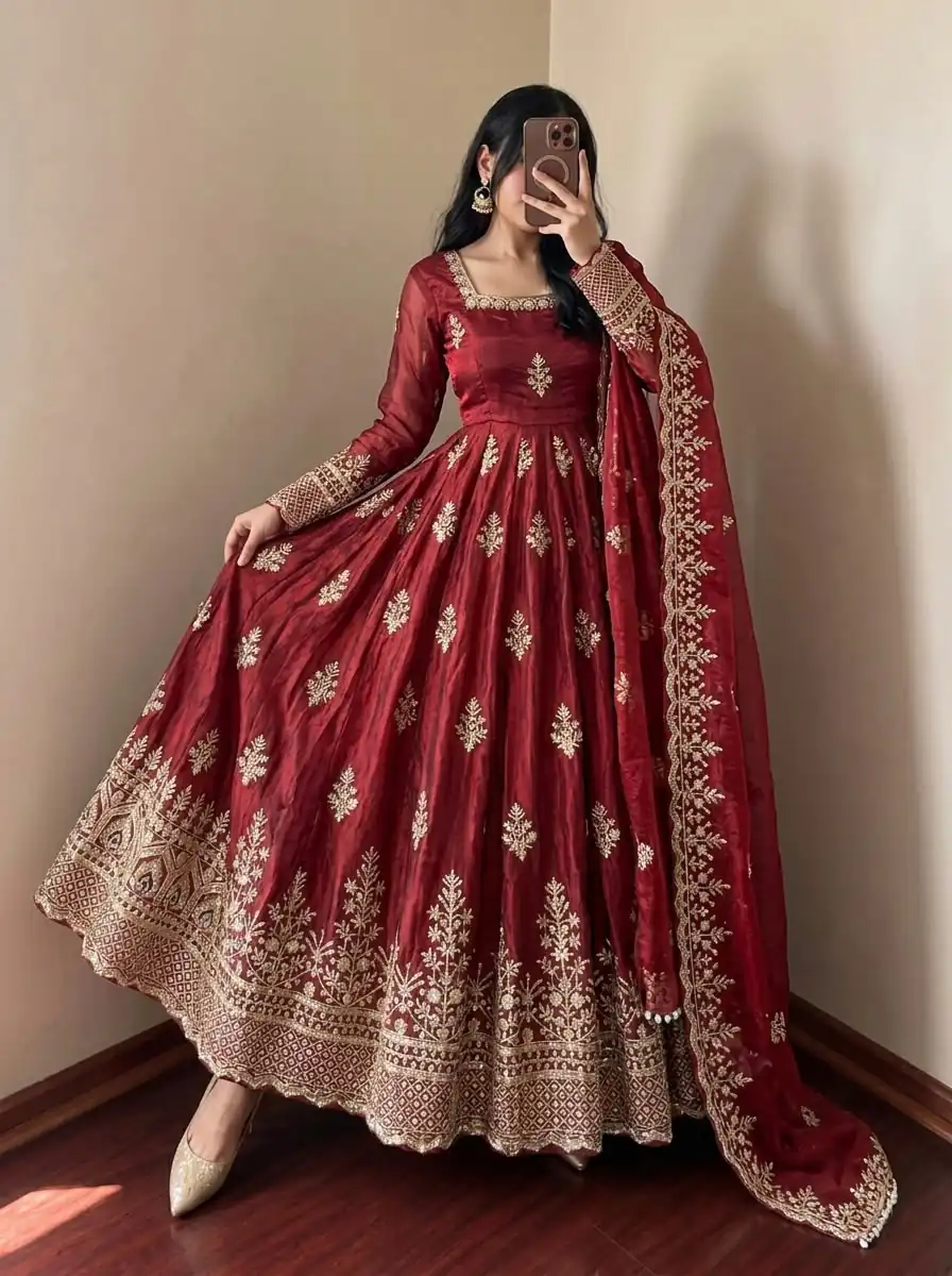 NSR 918 Maroon Fendy Silk Gown with Embroidery Work & Sequins Work. Special Price ₹2399. Delivery 4-6 Working Days. Shop now. | Gowns, Bollywood Gowns, Creative Gowns, Designer Gowns, Embroidered Gowns, Party Wear Gowns