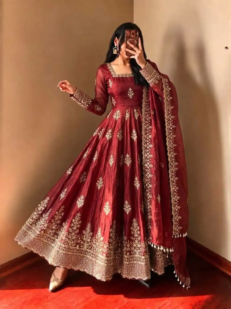 NSR 918 Maroon Fendy Silk Gown with Embroidery Work & Sequins Work. Special Price ₹2399. Delivery 4-6 Working Days. Shop now. | Gowns, Bollywood Gowns, Creative Gowns, Designer Gowns, Embroidered Gowns, Party Wear Gowns