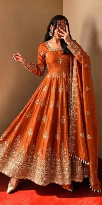 NSR 918 Orange Fendy Silk Gown with Embroidery Work & Sequins Work. Special Price ₹2399. Delivery 4-6 Working Days. Shop now. | Gowns, Bollywood Gowns, Creative Gowns, Designer Gowns, Embroidered Gowns, Party Wear Gowns