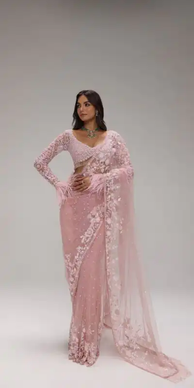 Unique Light Pink Butterfly Net Sequins Saree