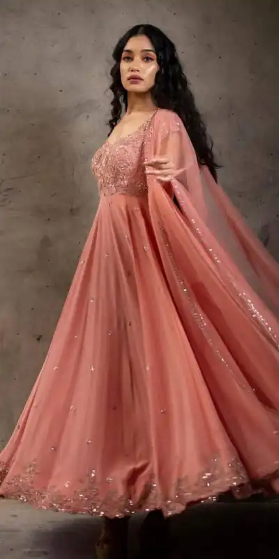 NSR 1266 Orange Bottom : Micro Cotton Work : Embroidery Sequences Work With Sleeves Wedding Party, Festive,@1669/- Only | Gowns, Bollywood Gowns, Creative Gowns, Designer Gowns, Embroidered Gowns, Party Wear Gowns, Straight Suits