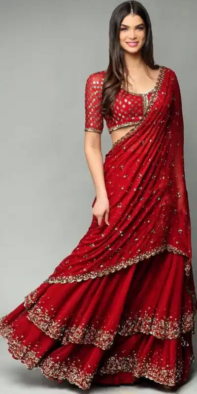 KF 1330 Red Lehenga : Georgette Blouse : Georgette Work : Sequence Embroidery Work With 2 Layer Ruffle Wedding, Party, Festive @2049/- Only | Lehenga, Bollywood Lehenga, Creative Lehenga, Designer Lehenga, Embroidered Lehenga, Party Wear Lehenga