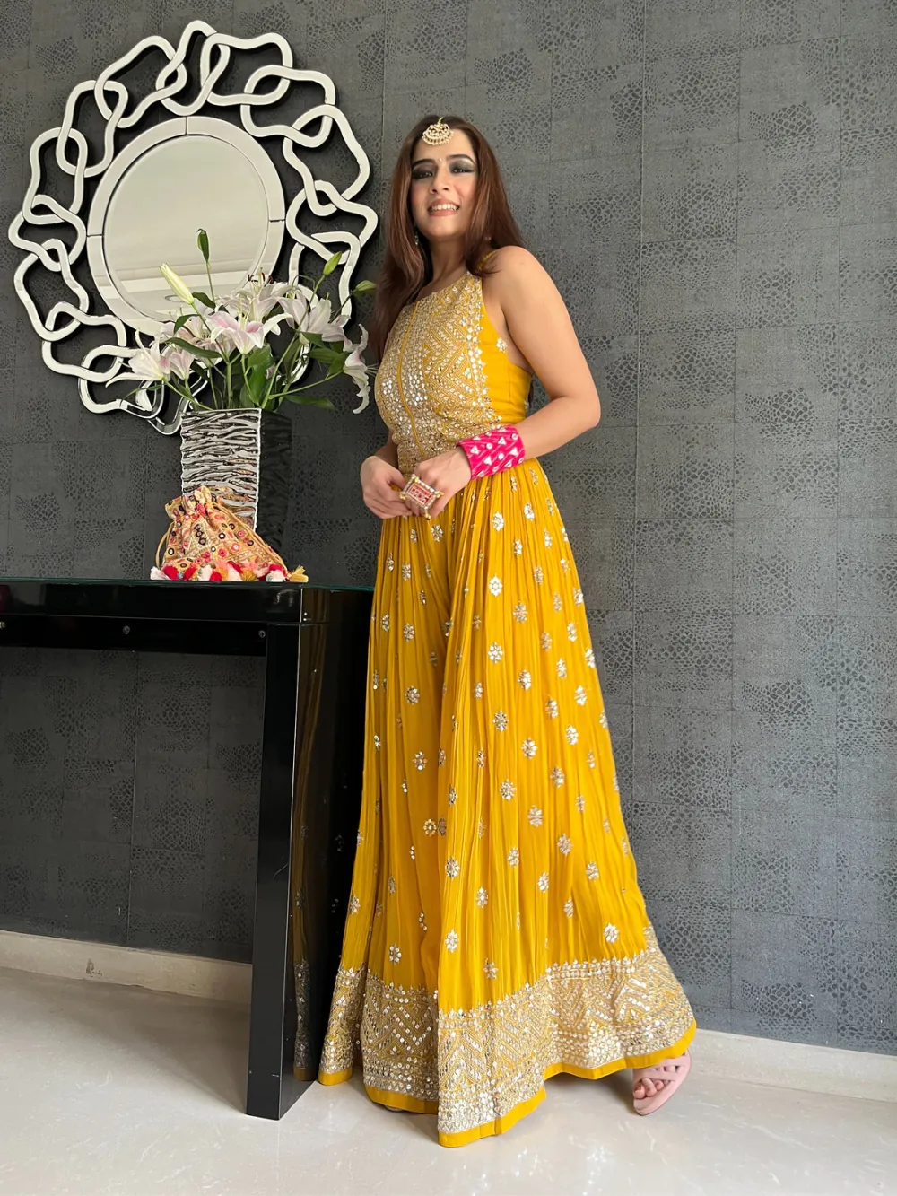 Elegant Yellow Color Party Wear Sequin Work Jump Suit - Image 2