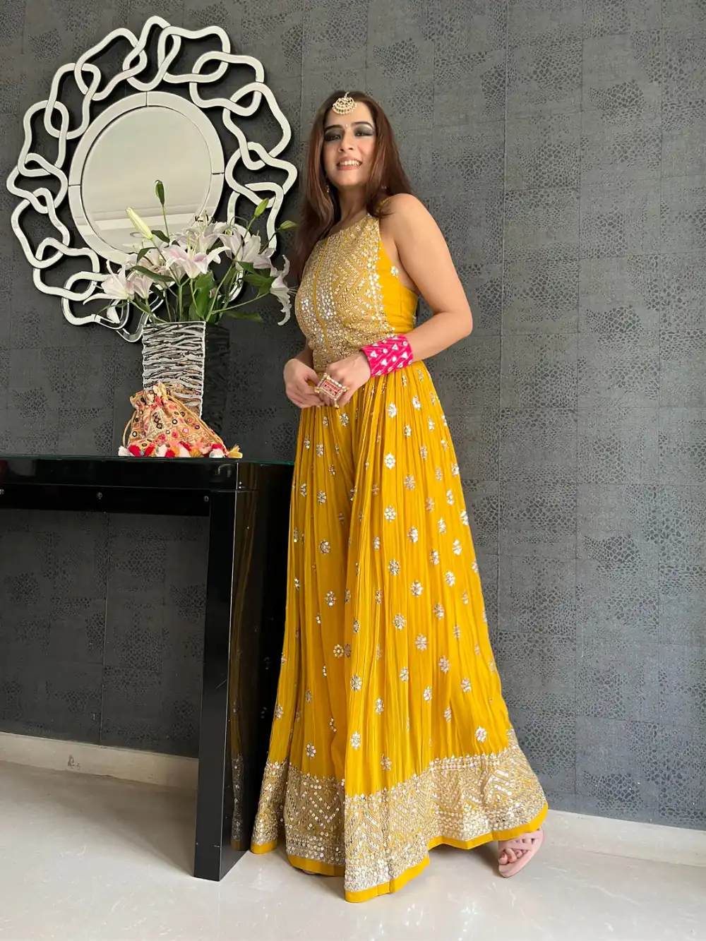 NSR 555 Yellow Jumpsuit : Heavy Faux Georgette Work : Heavy Embroidery With Sequin Work Flair : Each Leg 1.5 M Casual, Party @1699/- | Jump Suits, Salwar suit, Designer Suits, Casual Suits, Creative suits, Palazzo Suits, Party Wear Suits, Straight Suits