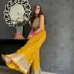 NSR 555 Yellow Jumpsuit : Heavy Faux Georgette Work : Heavy Embroidery With Sequin Work Flair : Each Leg 1.5 M Casual, Party @1699/- | Jump Suits, Salwar suit, Designer Suits, Casual Suits, Creative suits, Palazzo Suits, Party Wear Suits, Straight Suits