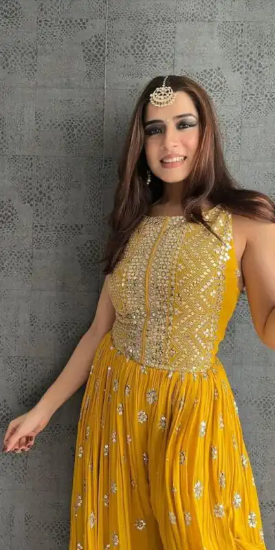 NSR 555 Yellow Jumpsuit : Heavy Faux Georgette Work : Heavy Embroidery With Sequin Work Flair : Each Leg 1.5 M Casual, Party @1699/- | Jump Suits, Salwar suit, Designer Suits, Casual Suits, Creative suits, Palazzo Suits, Party Wear Suits, Straight Suits