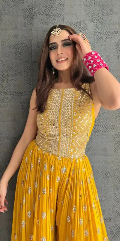 NSR 555 Yellow Jumpsuit : Heavy Faux Georgette Work : Heavy Embroidery With Sequin Work Flair : Each Leg 1.5 M Casual, Party @1699/- | Jump Suits, Salwar suit, Designer Suits, Casual Suits, Creative suits, Palazzo Suits, Party Wear Suits, Straight Suits