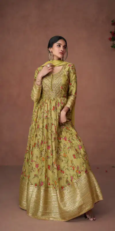 FC Sayuri 5304  Green Gown Premium Organza Print Silk with Embroidery And Sequence Work Classic Anarkali Suit Wedding, Party, Festive @2499/- Only | Anarkali Suits, Bollywood Anarkali, Creative-Anarkali, Designer Anarkali, Embroidered Anarkali, Party Wear Anarkali