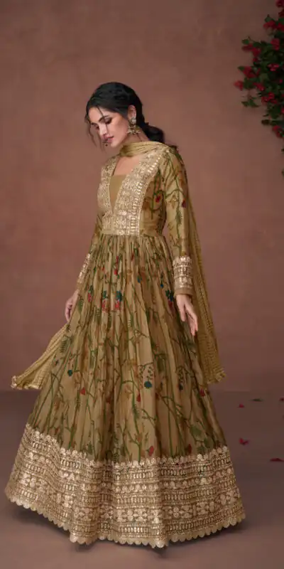 FC Sayuri 5300 Mehndi Gown Premium Organza Print Silk with Embroidery Work And Sequence Work Classic Anarkali Suit Wedding, Party, Festive @2499/- | Anarkali Suits, Bollywood Anarkali, Creative-Anarkali, Designer Anarkali, Embroidered Anarkali, Party Wear Anarkali