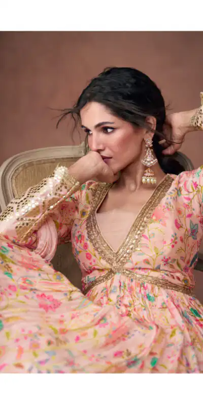 FC 5302 Pink Gown Premium Organza Print Silk with Emb.Work : Embroidery And Sequence Work Classic Anarkali Suit Wedding, Party, Festive @2499/- Only | Anarkali Suits, Bollywood Anarkali, Creative-Anarkali, Designer Anarkali, Embroidered Anarkali, Party Wear Anarkali